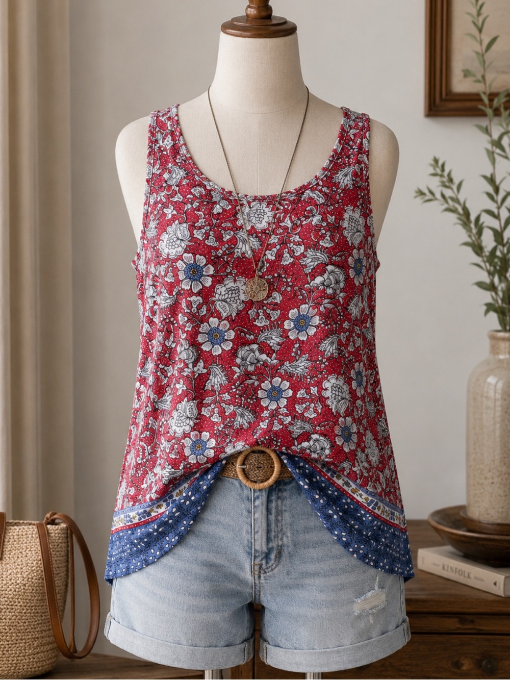 LOFT Red Floral Mixed-Print Tank Top